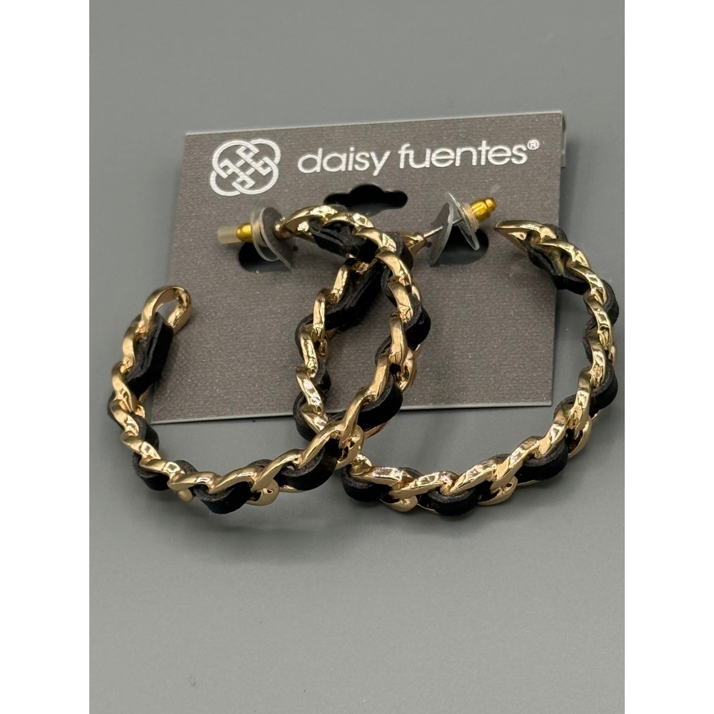 Daisy Fuentes Women Gold Tone Black Woven Chain Link Hoop Earrings‎ 2 Inch Round